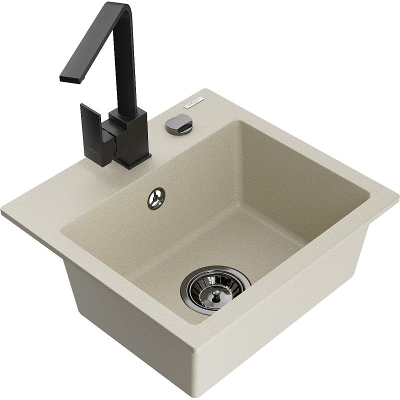Zlewozmywak granitowy 1-komorowy Mexen Milo z baterią kuchenną Rita beżowy - 6505-69-670300-50 1 szt.