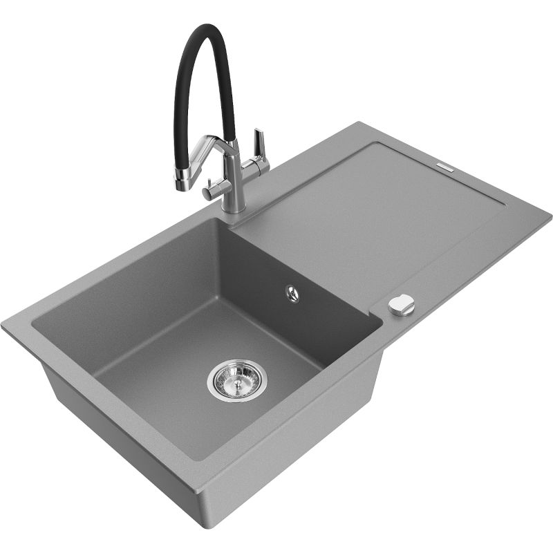 Zlewozmywak granitowy 1-komorowy Mexen Leo z ociekaczem i baterią kuchenną Duo szary 6501-71-671701-07