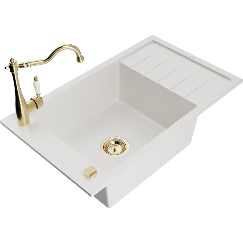 Zlewozmywak granitowy 1-komorowy Mexen Elias z ociekaczem i baterią kuchenną Carla biały 6511-20-670700-50