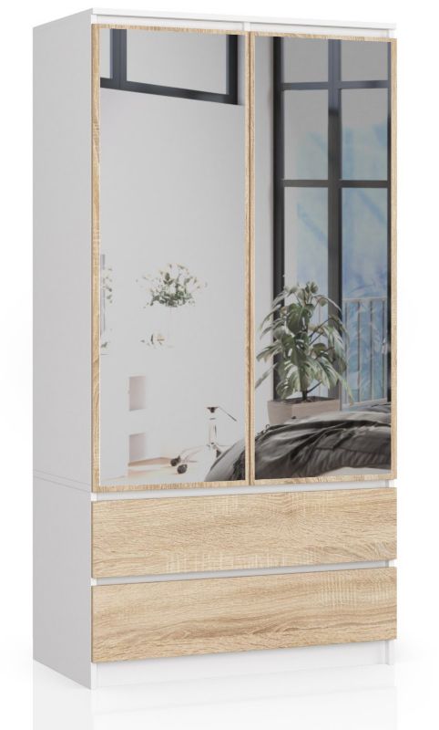 Szafa Akord S90 Biała 90 cm z lustrem 2 drzwi 2 szuflady kolor Dąb Sonoma mat 4 półki 90x51x180 cm 1 szt.