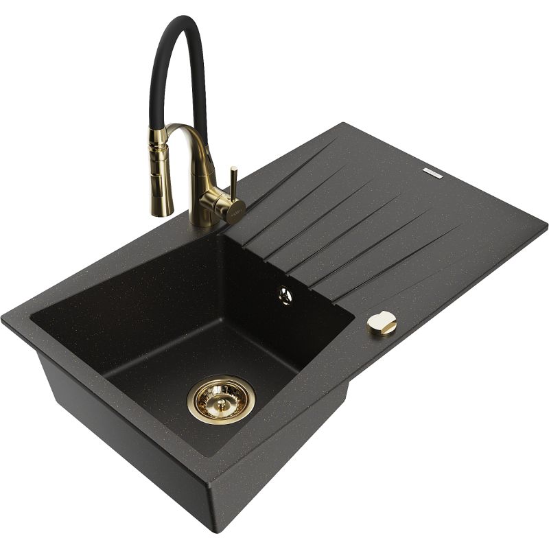Zlewozmywak granitowy 1-komorowy Mexen Cesar z ociekaczem i baterią kuchenną Aster czarny/złoty metalik 6514-75-73450-57-G