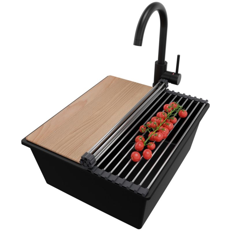 Zlewozmywak Granitowy Londyn Slim PRIMAGRAN Nablatowy 41x47cm do szafki od 45cm z Syfonem i Baterią i Dodatkiem Cały Czarny 1 szt.