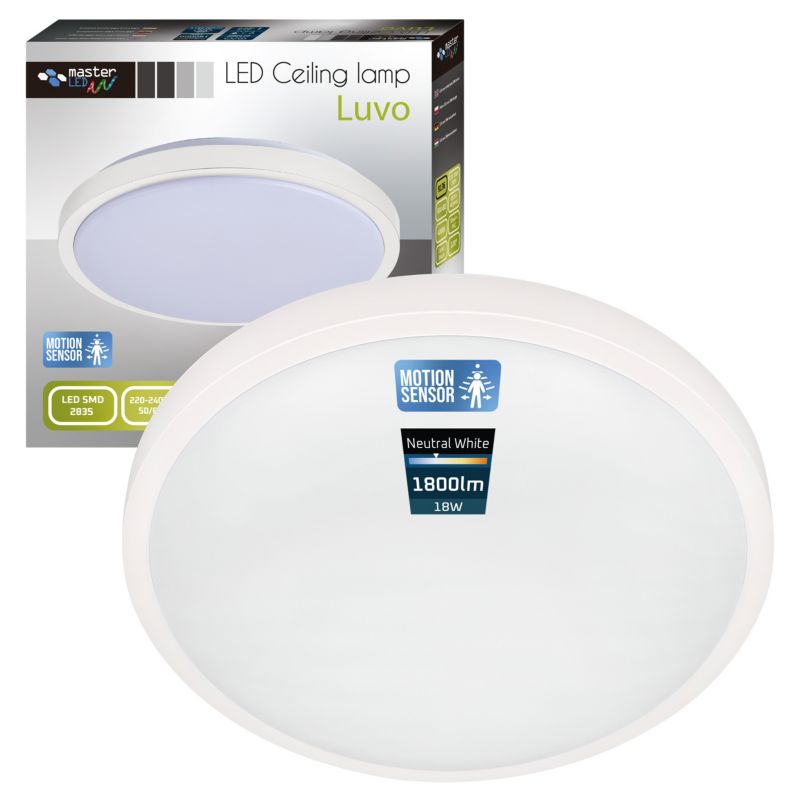 Plafon LED MasterLED Luvo 18W 27,5 cm IP44 neutralna biel 4000K czujnik ruchu okrągły biały 1 szt.