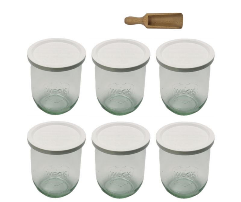 Słoiki MODO24 Weck 1062 ml fi 100 tulip plastikowe wieka miarka 6 kpl.