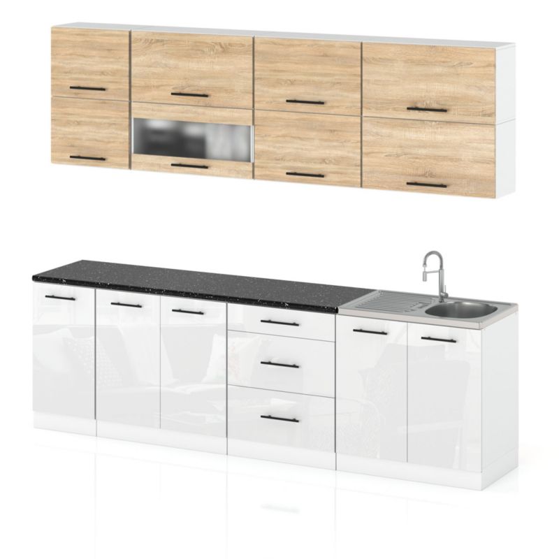 Zestaw Kuchenny Hurtownia-Mebli Z Blatem Kuchnia Robo Lux 260cm Biały Mat Dąb Sonoma/Biały Połysk 260x52x157 cm 1szt.