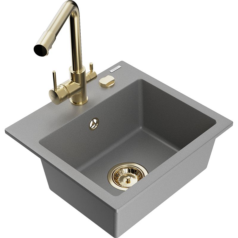 Zlewozmywak granitowy 1-komorowy Mexen Milo z baterią kuchenną Duero szary 6505-71-671600-50