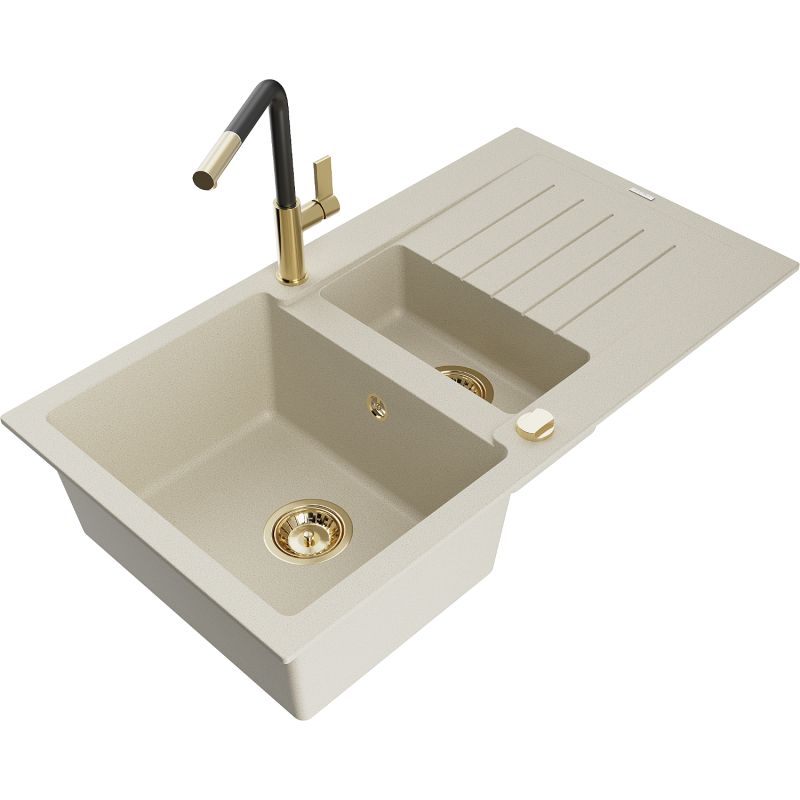 Zlewozmywak granitowy 1.5-komorowy Mexen Matias z ociekaczem i baterią kuchenną Flora beżowy 6502-69-670401-57-G