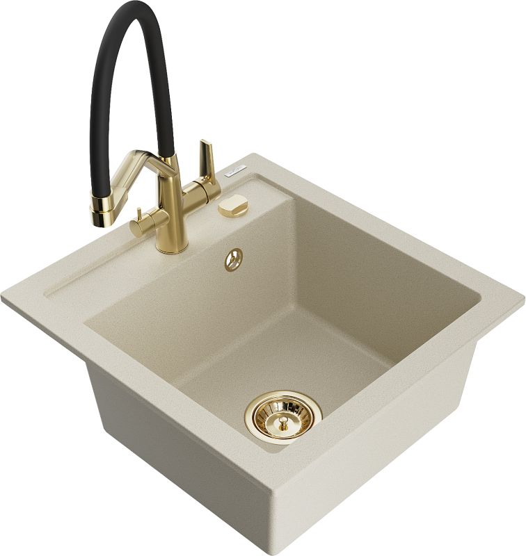Zlewozmywak granitowy Mexen Vito 1-komorowy z baterią kuchenną Duo beżowy 6503-69-671701-57-G
