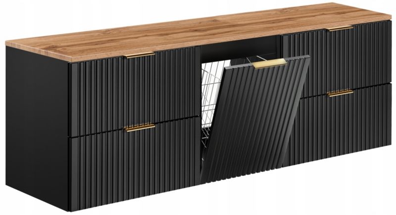 Szafka pod umywalkę Furnidea 120 cm ryflowana czarna z blatem dąb Wotan Adel 1 szt.