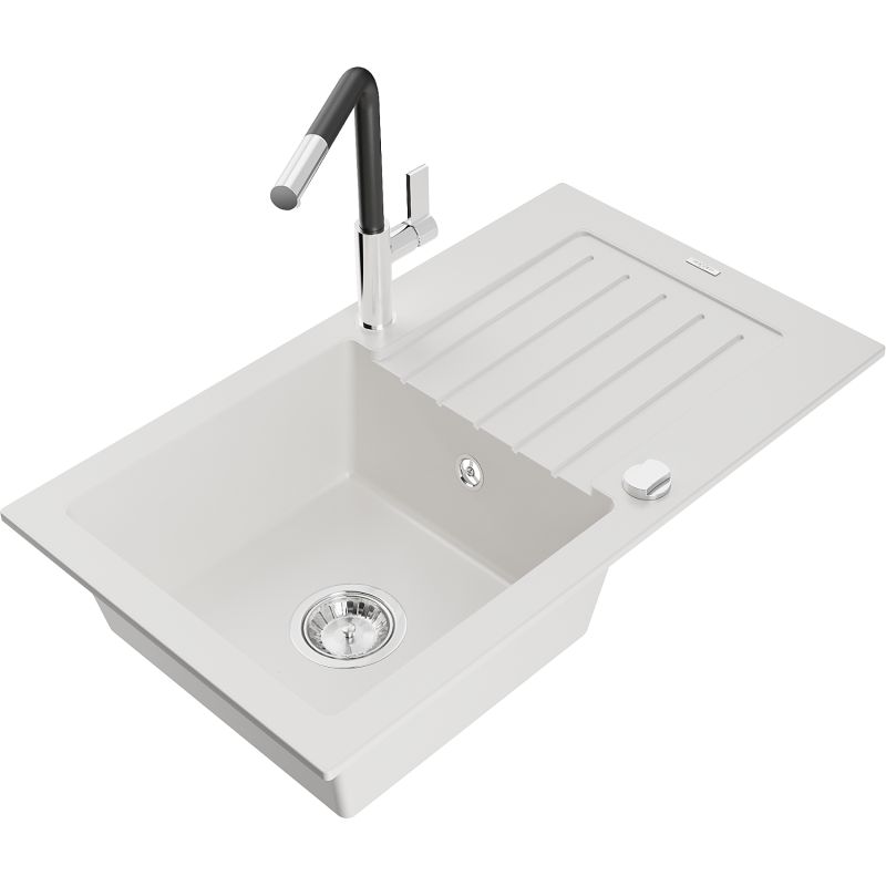 Zlewozmywak granitowy 1-komorowy Mexen Pablo z ociekaczem i baterią kuchenną Flora biały 6510-20-670401-07