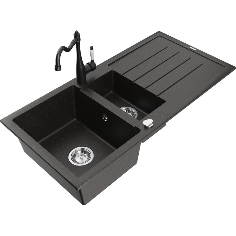 Zlewozmywak granitowy 1.5-komorowy Mexen Andres z ociekaczem i baterią Carla czarny/złoty metalik - 6515-75-670700-50 1 szt.