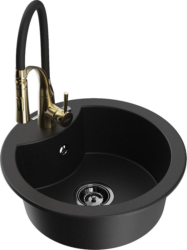 Zlewozmywak granitowy Mexen Diego 1-komorowy z baterią kuchenną Aster czarny 6512-77-73450-57-B