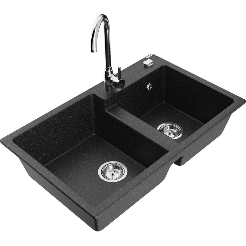Zlewozmywak granitowy 2-komorowy Mexen Tomas z baterią kuchenną Telma czarny/srebrny metalik 6516-73-670200-00