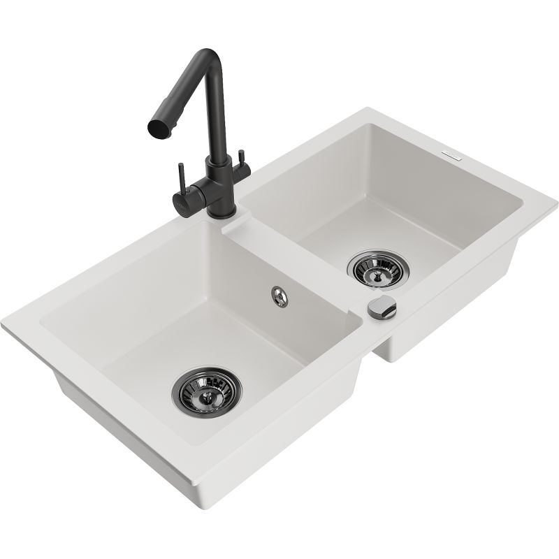 Zlewozmywak granitowy 2-komorowy Mexen Mario z baterią kuchenną Duero czarny - 6504-77-671600-50 1 szt.
