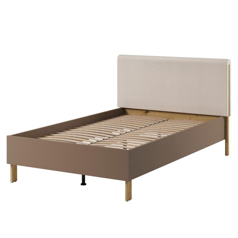 Łóżko młodzieżowe 120 cm Bettso Sonny z drewnianym stelażem w kolorze truflowym i tapicerowanym zagłówkiem dąb artisan 1szt.