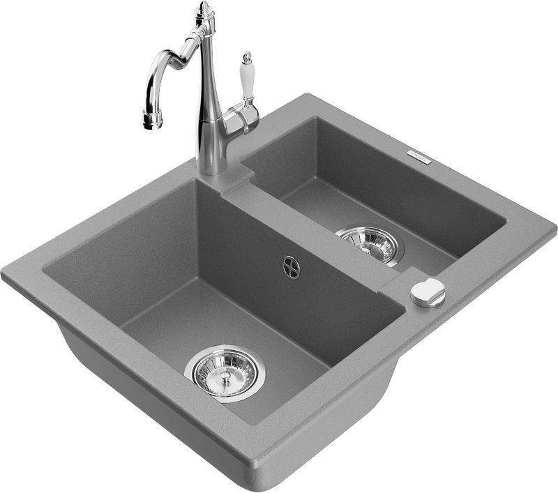 Zlewozmywak granitowy Mexen Carlos 1,5-komorowy z baterią kuchenną Carla szary 6518-71-670700-00