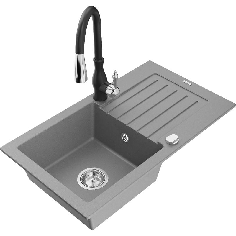 Zlewozmywak granitowy 1-komorowy Mexen Pablo z ociekaczem i baterią kuchenną Savita szary 6510-71-672601-70