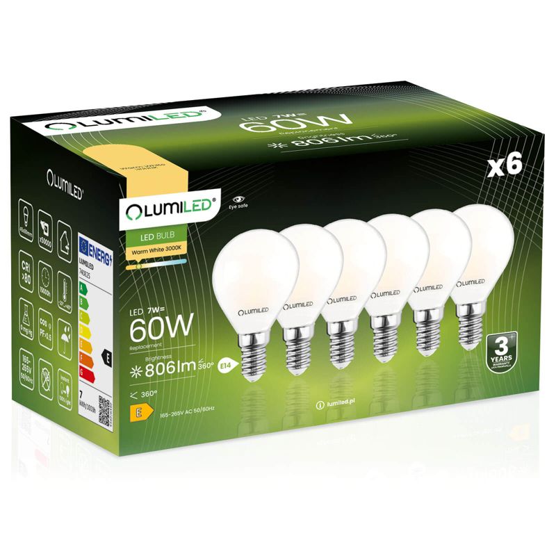 Żarówka LED LUMILED E14 P45 7W 806lm 3000K 360st FILAMENT 6 szt.