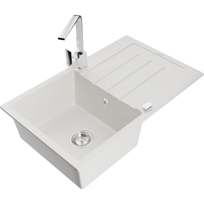 Zlewozmywak granitowy 1-komorowy Mexen Bruno z ociekaczem i baterią kuchenną Rita biały 6513-20-670300-00