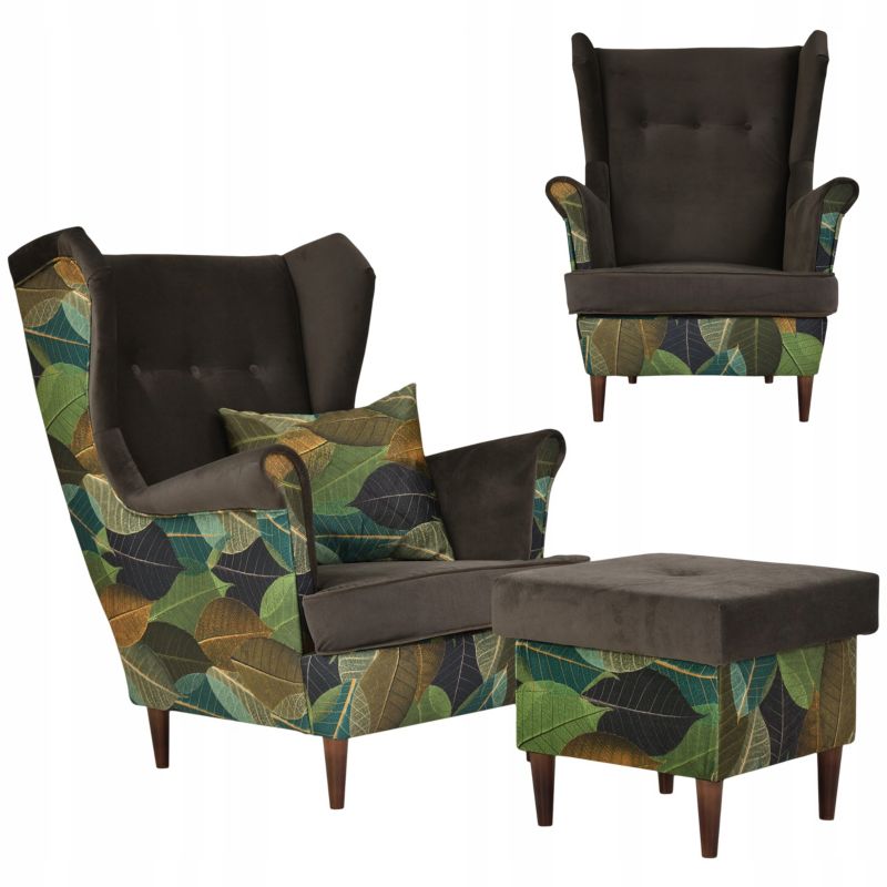Fotel uszak do salonu z podnóżkiem Family Meble Ari Print Duo brąz liście 1szt