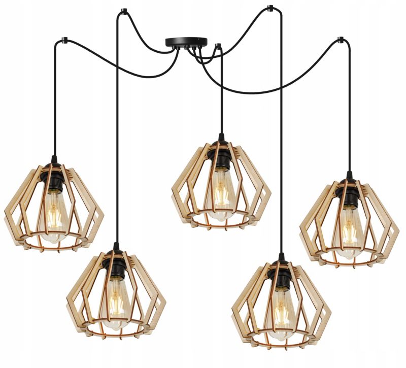 Lampa sufitowe wisząca Light Home LH Timber Spider 5x E27 60W klosz drewno diament naturalny/czarny 1szt.