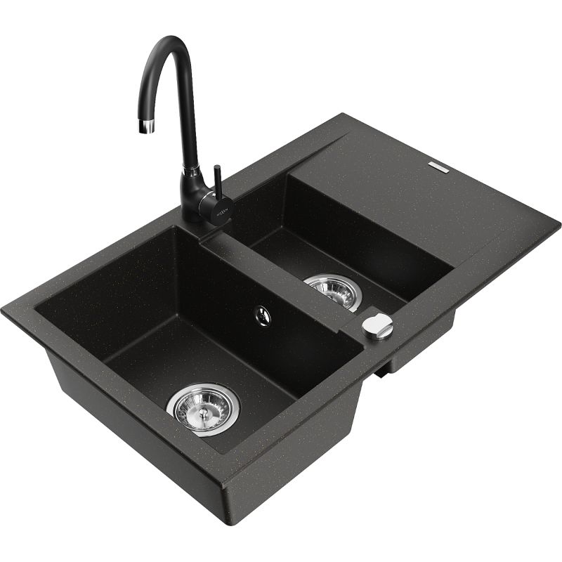 Zlewozmywak granitowy 1.5-komorowy Mexen Gaspar z ociekaczem i baterią kuchenną Telma szary - 6507-71-670200-71 1 szt.