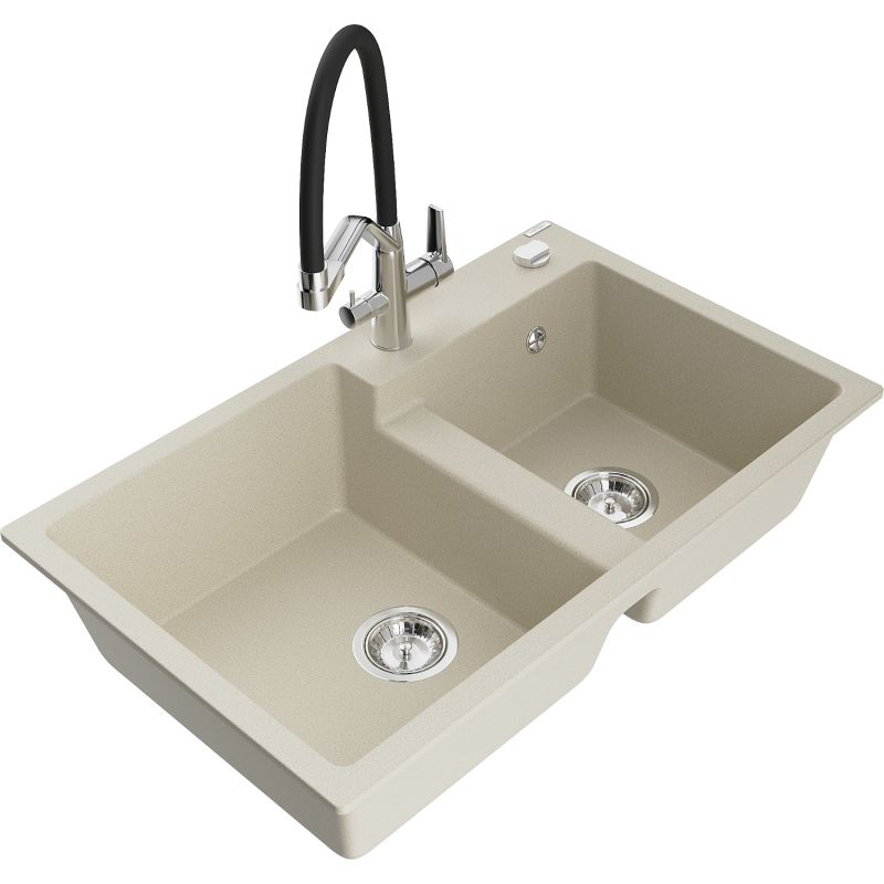 Zlewozmywak granitowy 2-komorowy Mexen Tomas z baterią kuchenną Duo beżowy 6516-69-671701-07