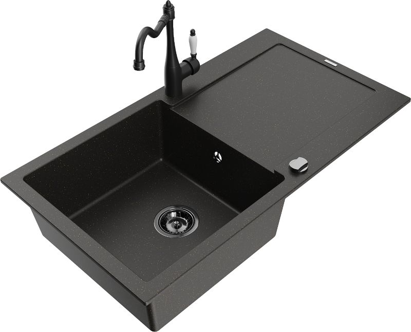 Zlewozmywak granitowy Mexen Leo 1-komorowy z ociekaczem i baterią kuchenną Duero czarny/złoty - 6501-75-671600-70-B 1 szt.