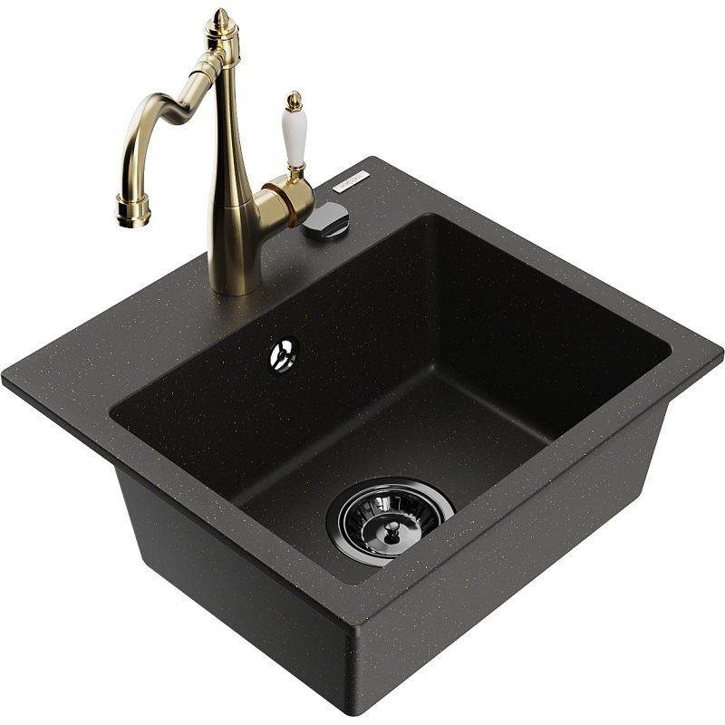 Zlewozmywak granitowy 1-komorowy Mexen Milo z baterią kuchenną Carla czarny/złoty metalik 6505-75-670700-50-B