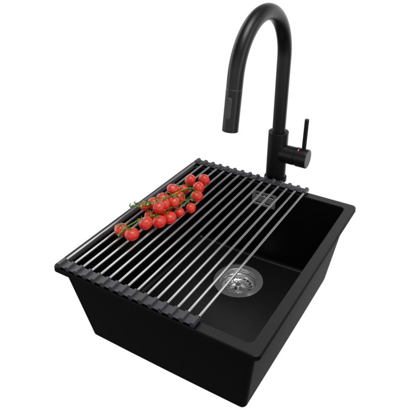 Zlewozmywak Granitowy Londyn Slim PRIMAGRAN Nablatowy 41x47cm do szafki od 45cm z Syfonem i Baterią i Dodatkiem Czarny 1 szt.