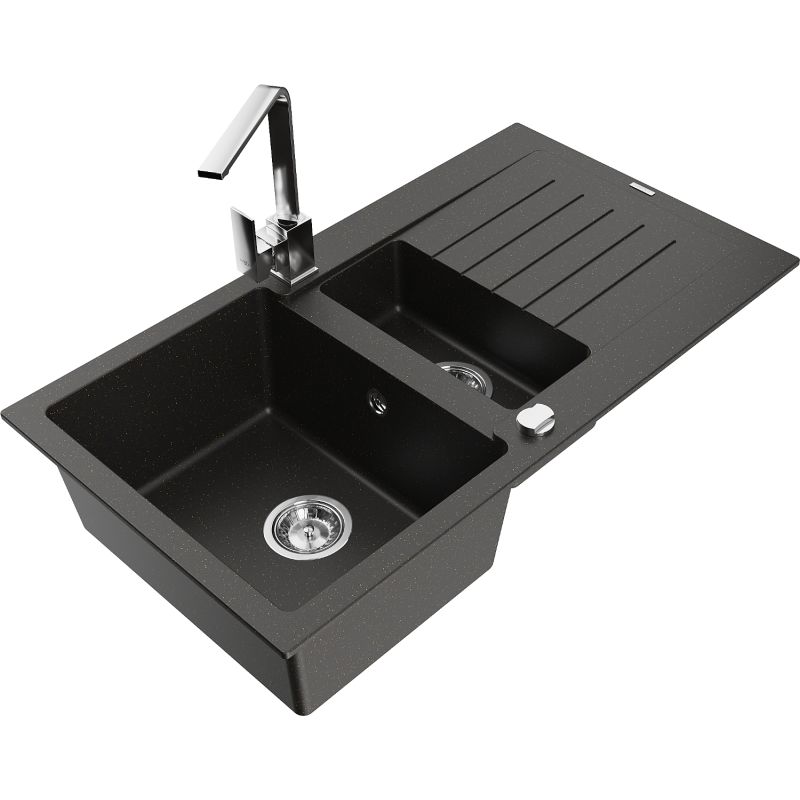 Zlewozmywak granitowy 1.5-komorowy Mexen Matias z ociekaczem i baterią kuchenną Rita czarny/złoty 6502-75-670300-00