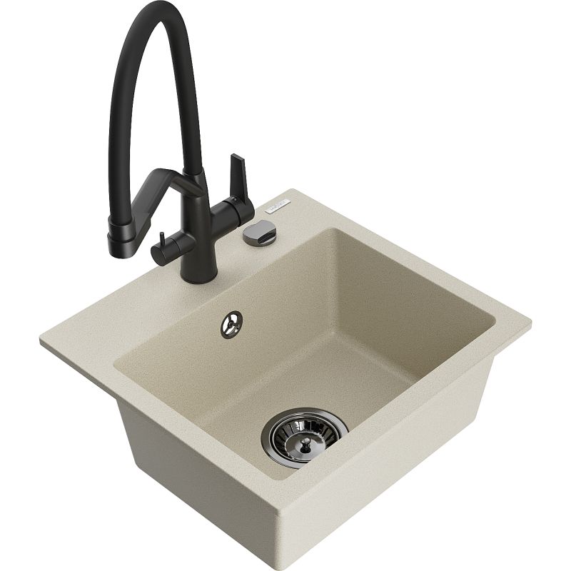 Zlewozmywak granitowy 1-komorowy Mexen Milo z baterią kuchenną Duo biały - 6505-20-671701-70-B 1 szt.