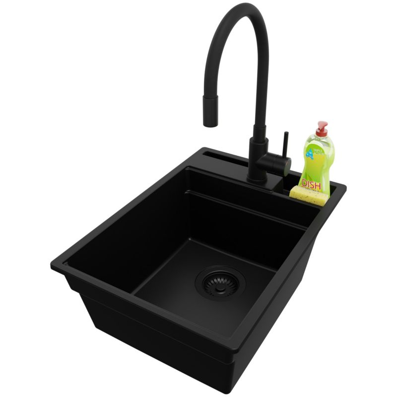 Zlewozmywak Granitowy Oslo Pocket PRIMAGRAN Nablatowy 38x53cm do szafki od 40cm z Syfonem i Baterią Cały Czarny 1 szt.