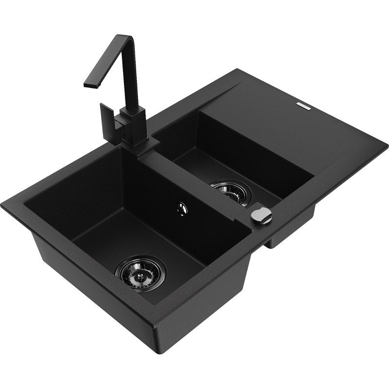 Zlewozmywak granitowy 1.5-komorowy Mexen Gaspar z ociekaczem i baterią kuchenną Rita czarny - 6507-77-670300-70 1 szt.