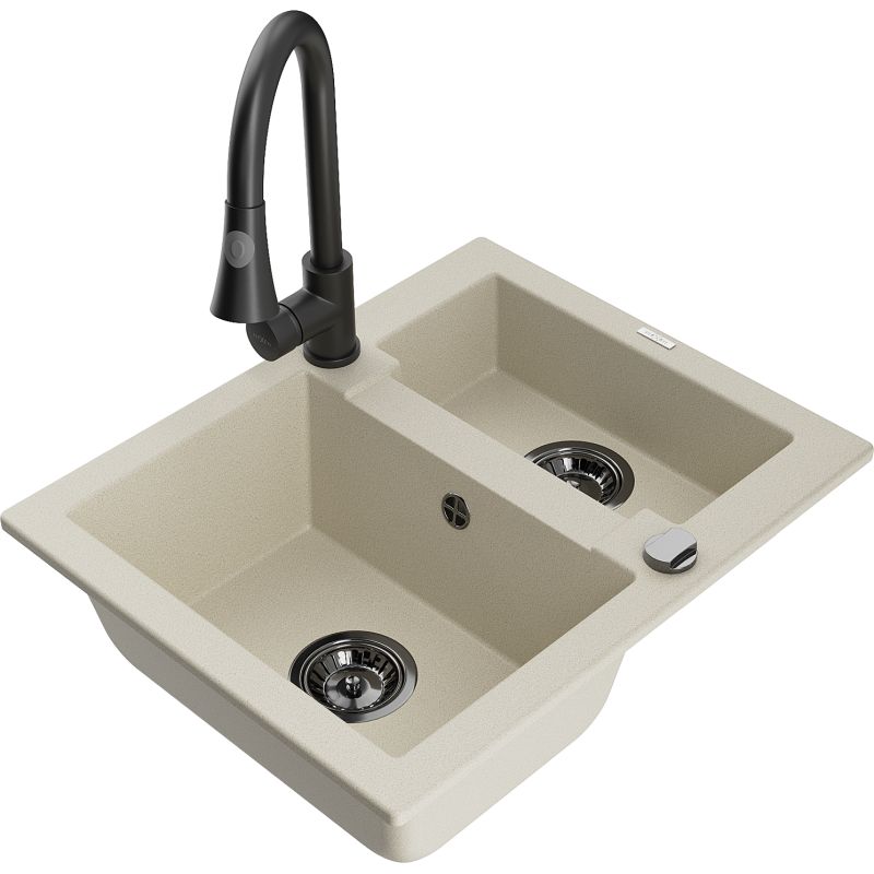 Zlewozmywak granitowy 1.5-komorowy Mexen Carlos z baterią kuchenną Elia biały - 6518-20-670101-70 1 szt.