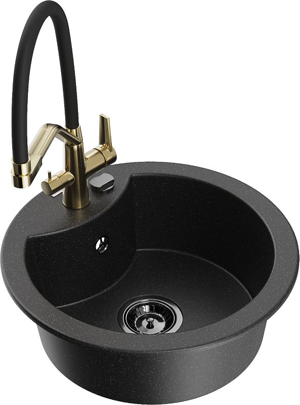 Zlewozmywak granitowy Mexen Diego 1-komorowy z baterią kuchenną Duo czarny/złoty - 6512-75-671701-57-B 1 szt.
