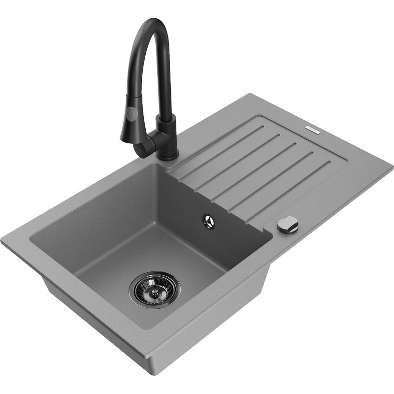 Zlewozmywak granitowy 1-komorowy Mexen Pablo z ociekaczem i baterią kuchenną Elia szary 6510-71-670101-70-B