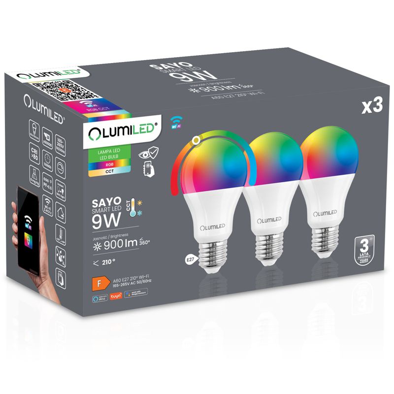 Żarówka LED Lumiled E27 A60 9W 900lm RGB CCT Ściemnialna Inteligentna Tuya WiFi Smart 3 szt.
