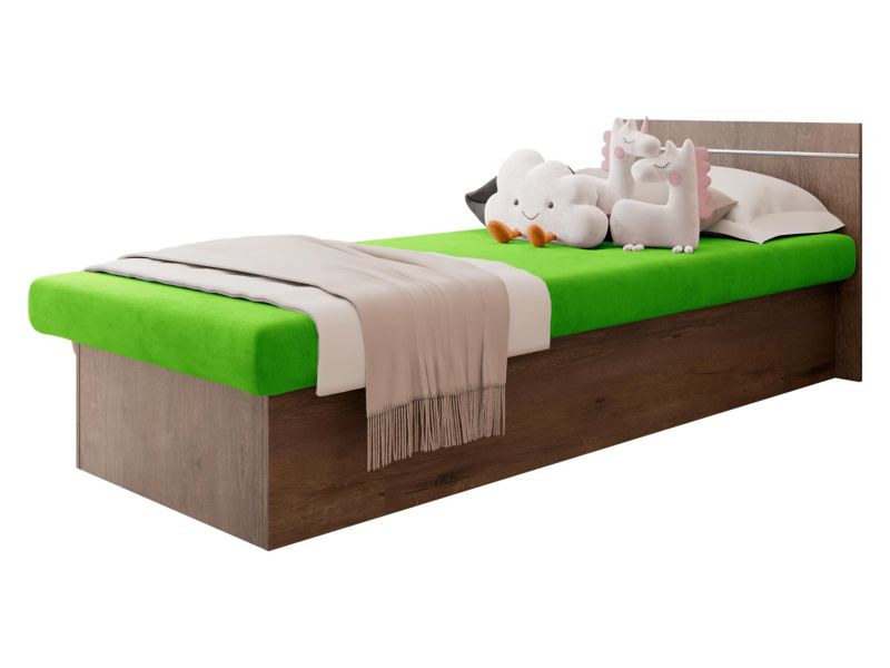Łóżko jednoosobowe MIRJAN 24 Berta Bis 190x80 z pojemnikiem jesion ciemny + zielony plusz 1 szt.