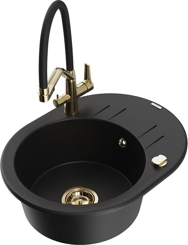 Zlewozmywak granitowy Mexen Kevin 1-komorowy z baterią kuchenną Duo czarny - 6517-77-671701-57-B 1 szt.