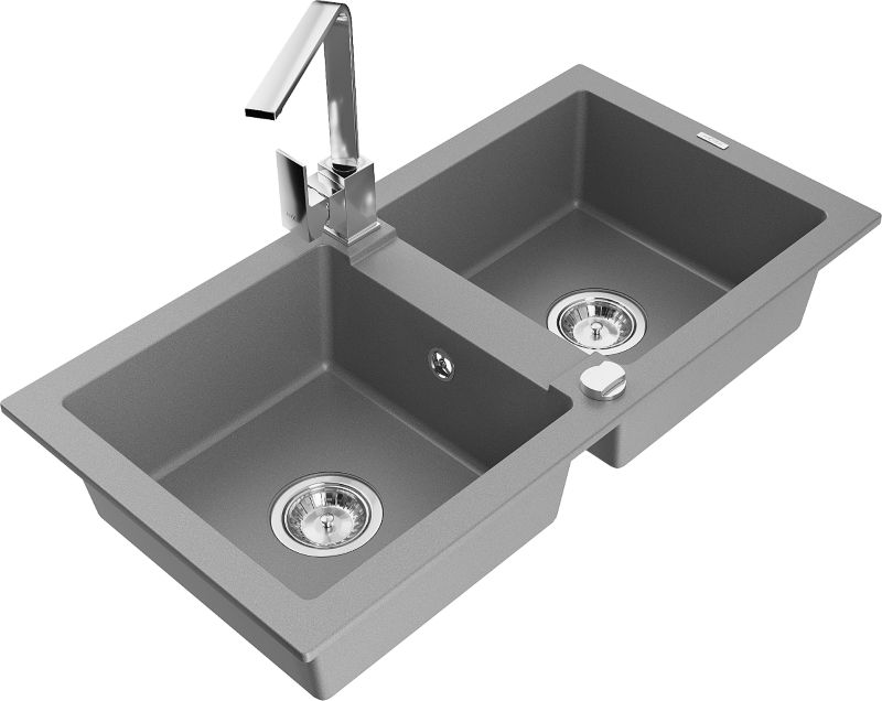 Zlewozmywak granitowy Mexen Mario 2-komorowy z baterią kuchenną Rita szary 6504-71-670300-00