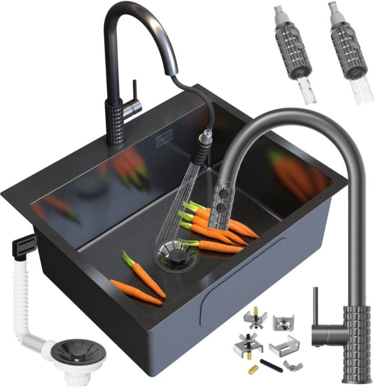 Zlewozmywak stalowy Jednokomorowy Granitan Silvo60 Kuchenny z syfonem i Baterią Snake Czarny LUX 1kpl.