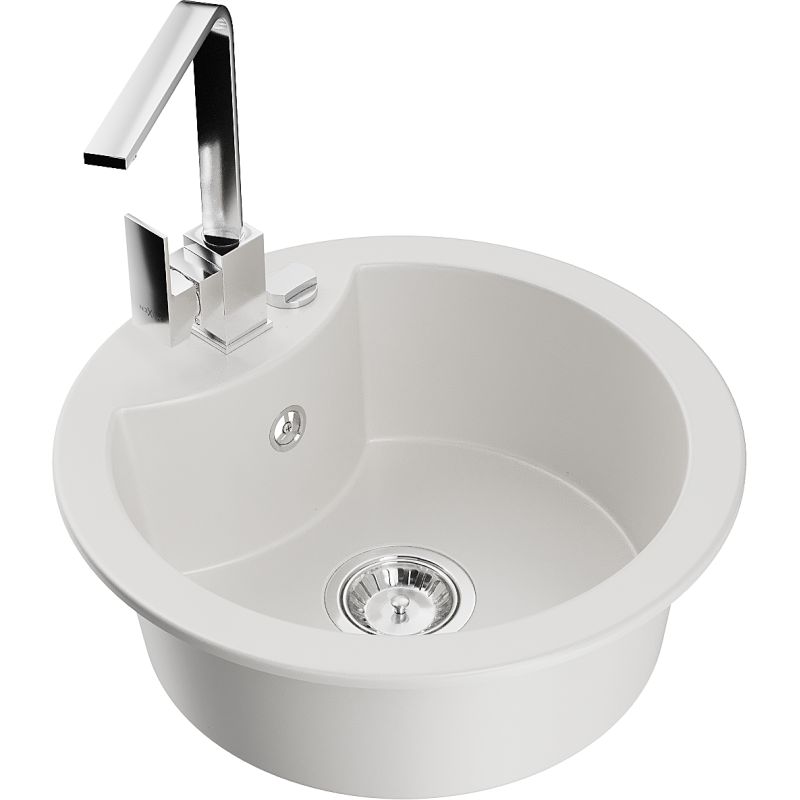 Zlewozmywak granitowy 1-komorowy Mexen Diego z baterią kuchenną Rita biały 6512-20-670300-00