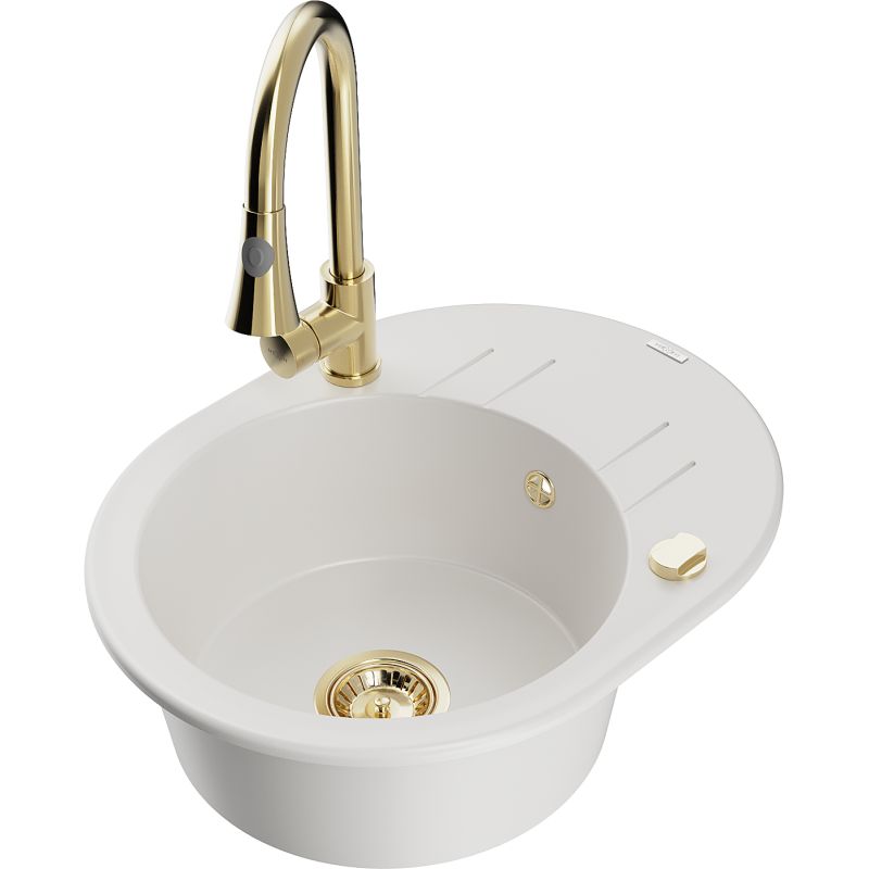 Zlewozmywak granitowy 1-komorowy Mexen Kevin z ociekaczem i baterią kuchenną Elia biały 6517-20-670101-50