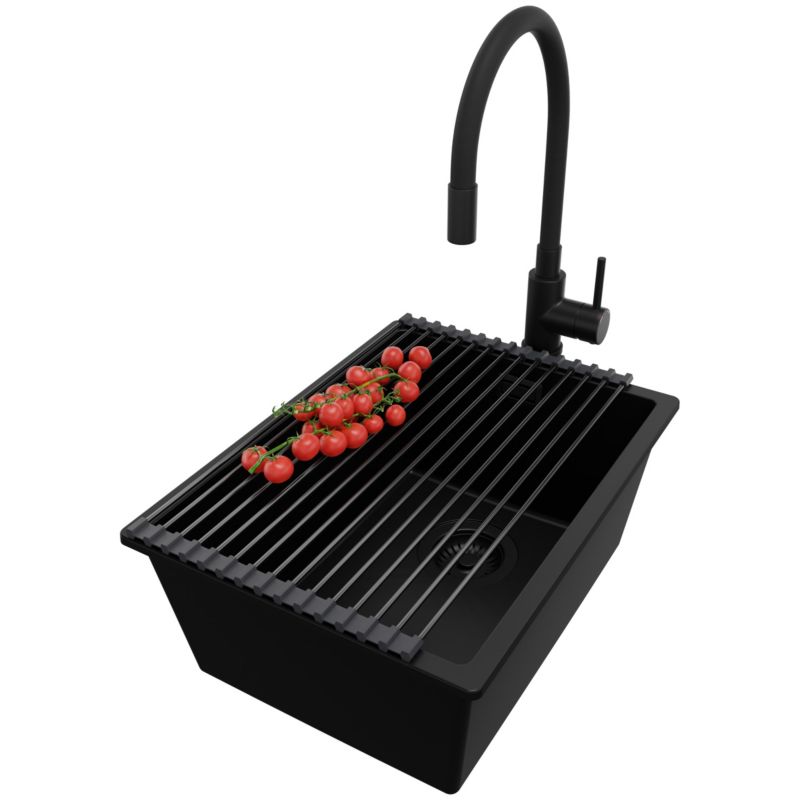 Zlewozmywak Granitowy Londyn Slim PRIMAGRAN Nablatowy 36x47cm do szafki od 40cm z Syfonem i Baterią i Dodatkiem Cały Czarny 1 szt.