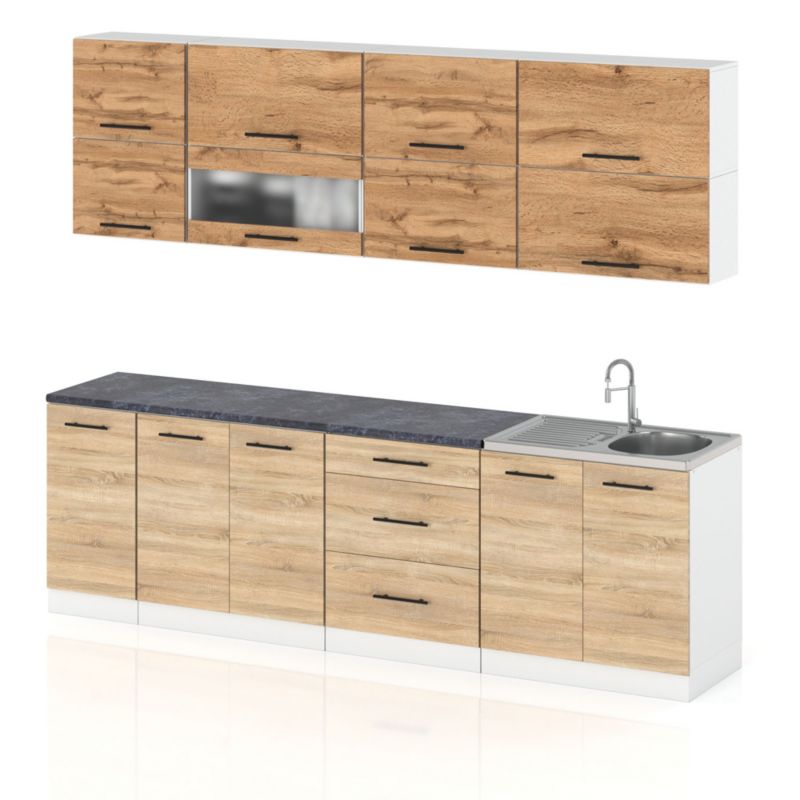 Zestaw Kuchenny Hurtownia-Mebli Z Blatem Kuchnia Robo Lux 260cm Biały Mat Dąb Wotan/Dąb Sonoma 260x52x157 cm 1szt.