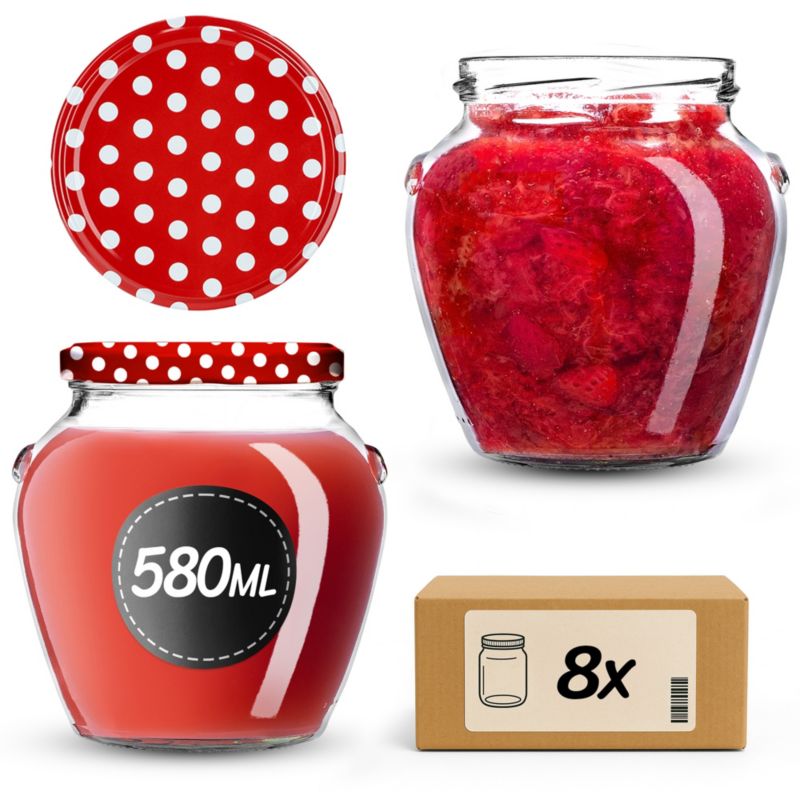 Słoiki na przetwory KADAX 580ml + wieczka "Czerwony groszek" 82mm 8szt.