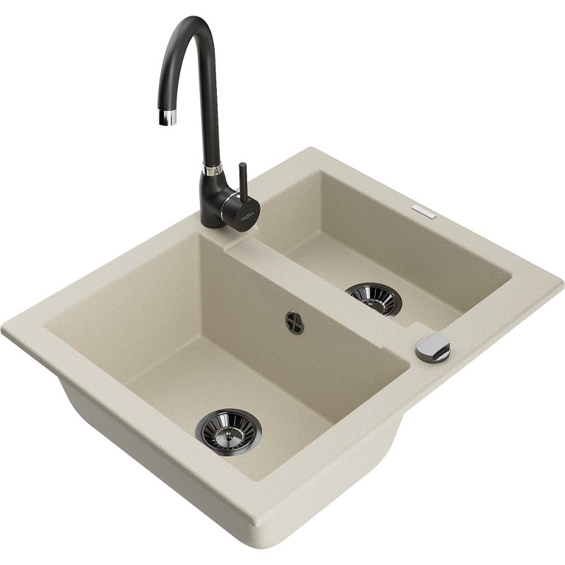 Zlewozmywak granitowy 1.5-komorowy Mexen Carlos z baterią kuchenną Telma biały - 6518-20-670200-70 1 szt.