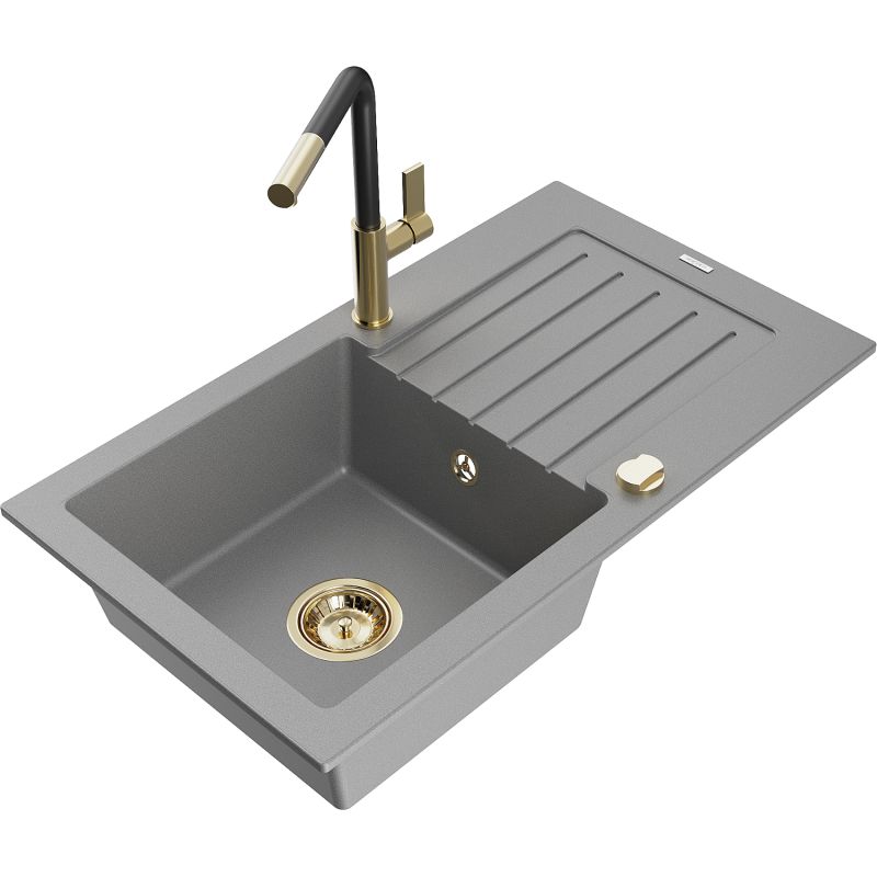 Zlewozmywak granitowy 1-komorowy Mexen Pablo z ociekaczem i baterią kuchenną Flora szary 6510-71-670401-57-G