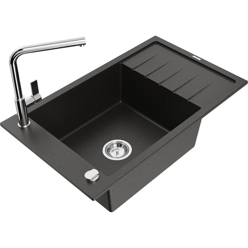 Zlewozmywak granitowy 1-komorowy Mexen Elias z ociekaczem i baterią kuchenną Flora czarny/złoty metalik 6511-75-670401-00